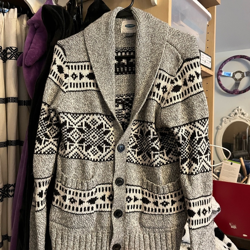 S - Old Navy Gray and Black Cardigan with Nordic Pattern